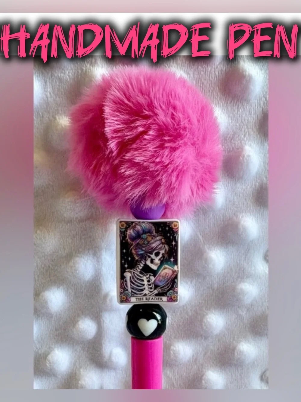 The Reader Pink Fluffy Skeleton Beaded Pen